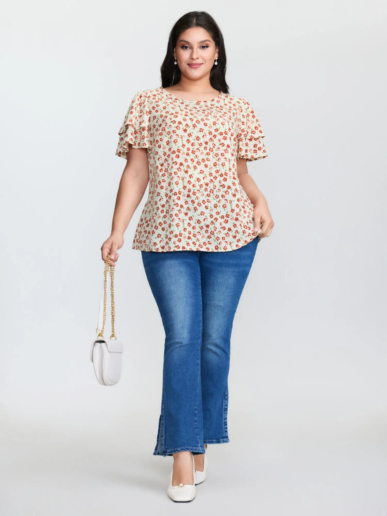 Floral Print Layered Sleeve Round Neck Blouse sold by Bloomchic product image thumbnail 3