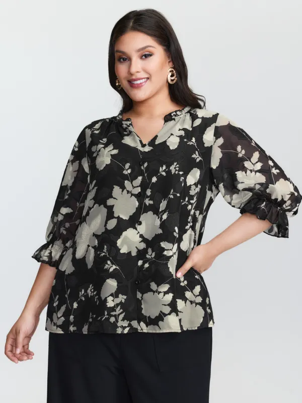 Ruffled Collar Floral Print Blouse sold by Bloomchic