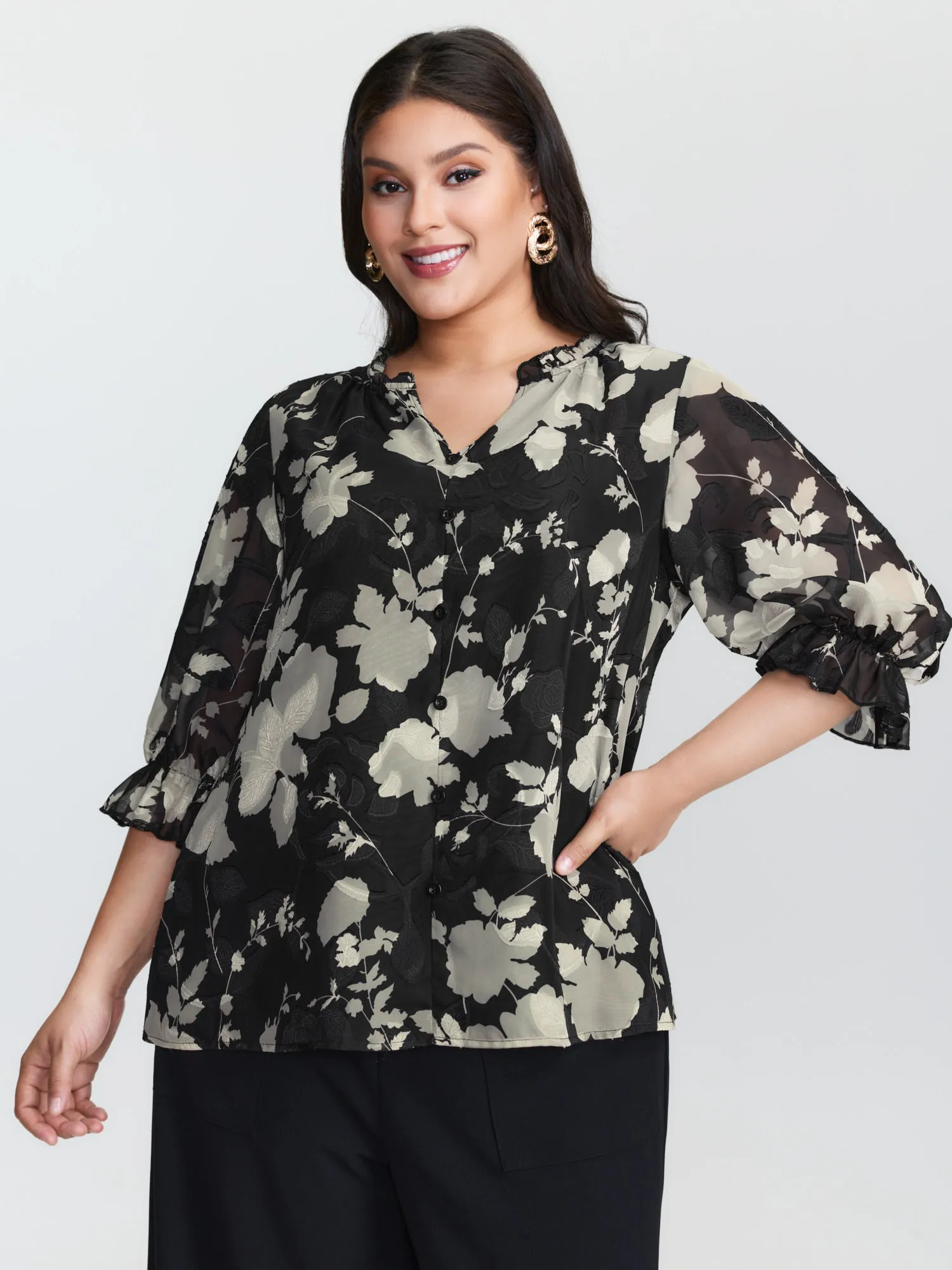 Ruffled Collar Floral Print Blouse sold by Bloomchic