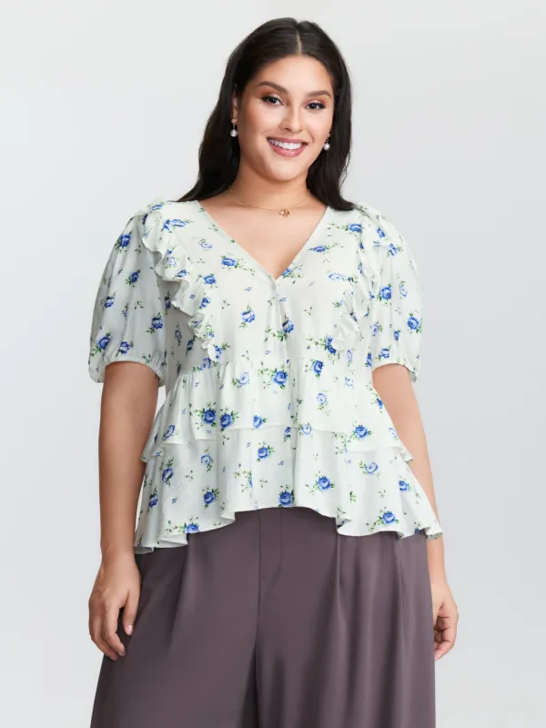 Floral Print Tiered V-Neck Blouse sold by Bloomchic