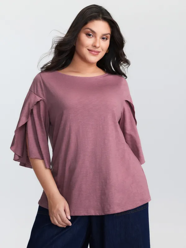 Petal Sleeve Plain Round Neck Knit Top made by Bloomchic