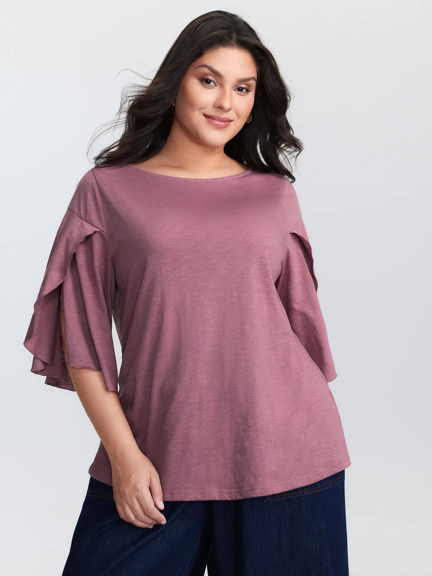 Petal Sleeve Plain Round Neck Knit Top sold by Bloomchic