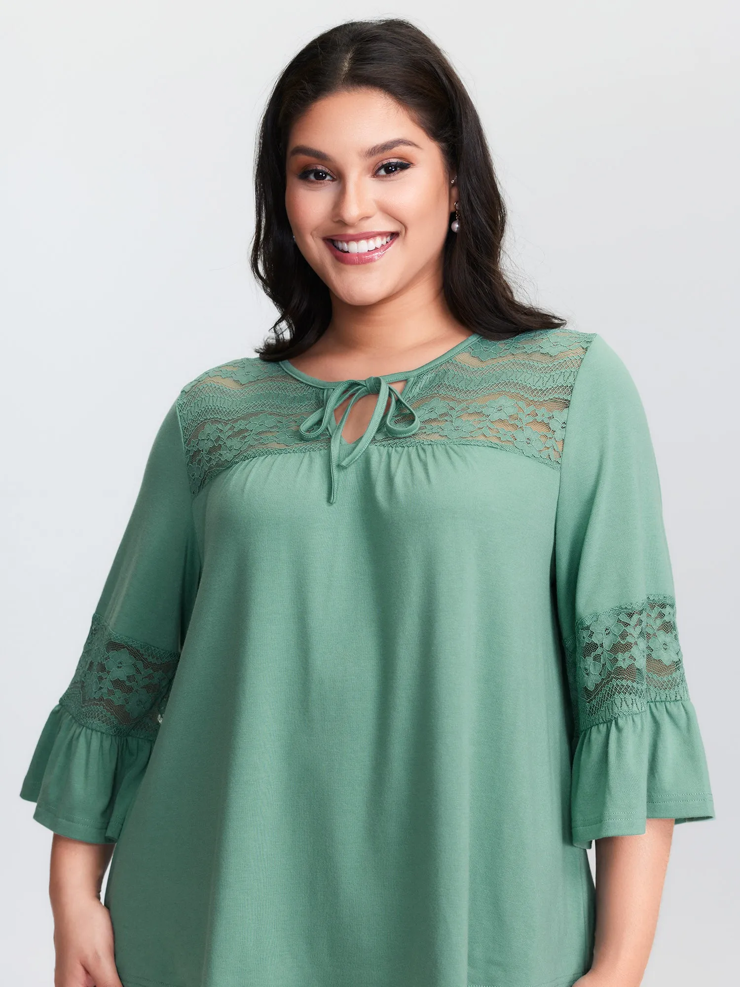 Lace Trim Flared Sleeve Plain Top sold by Bloomchic product image thumbnail 2