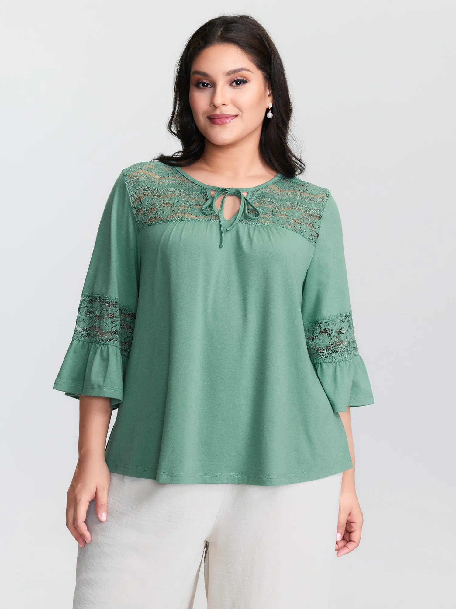 Lace Trim Flared Sleeve Plain Top sold by Bloomchic