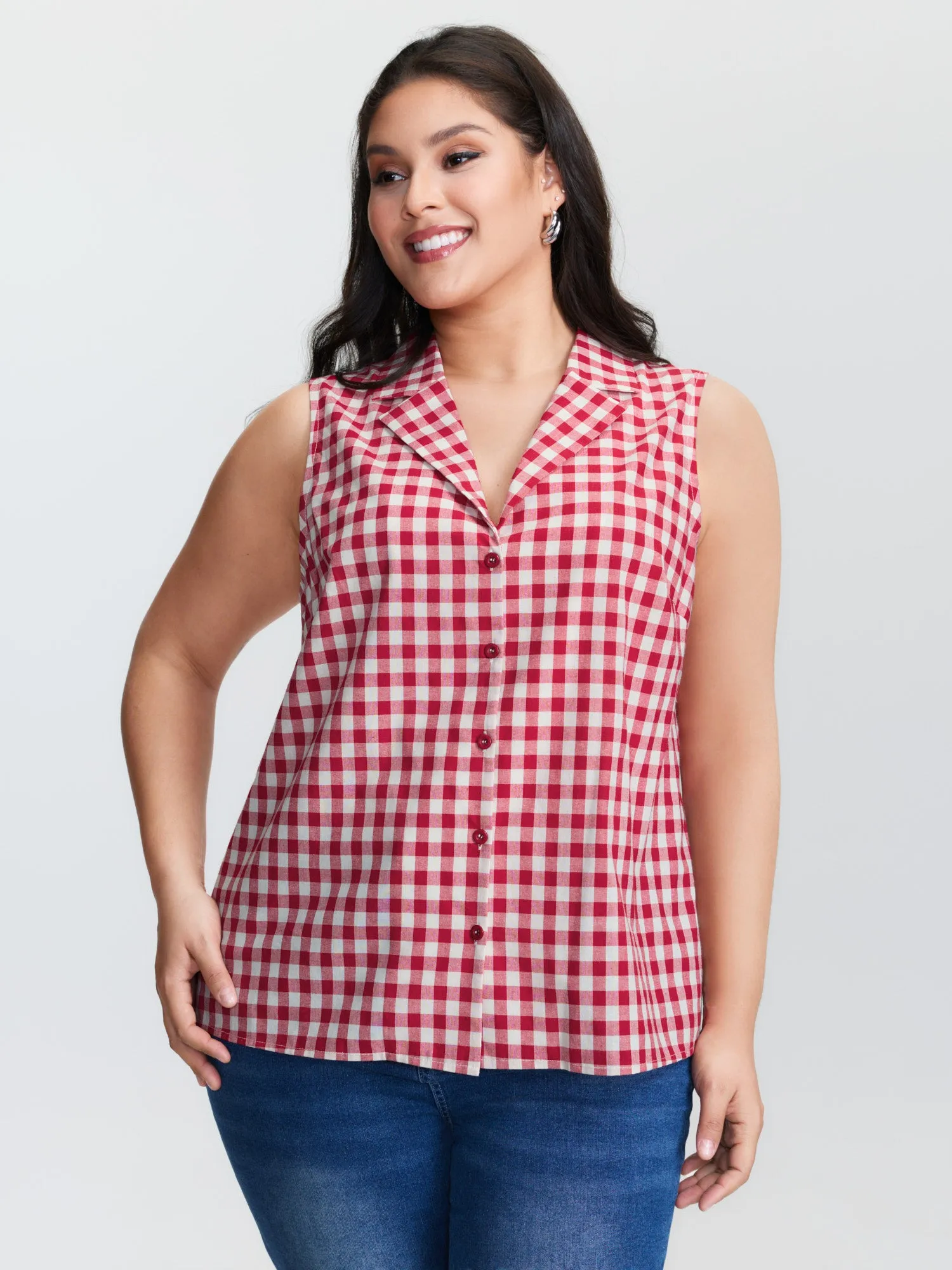 Gingham Print Lapel Collar Tank Top sold by Bloomchic