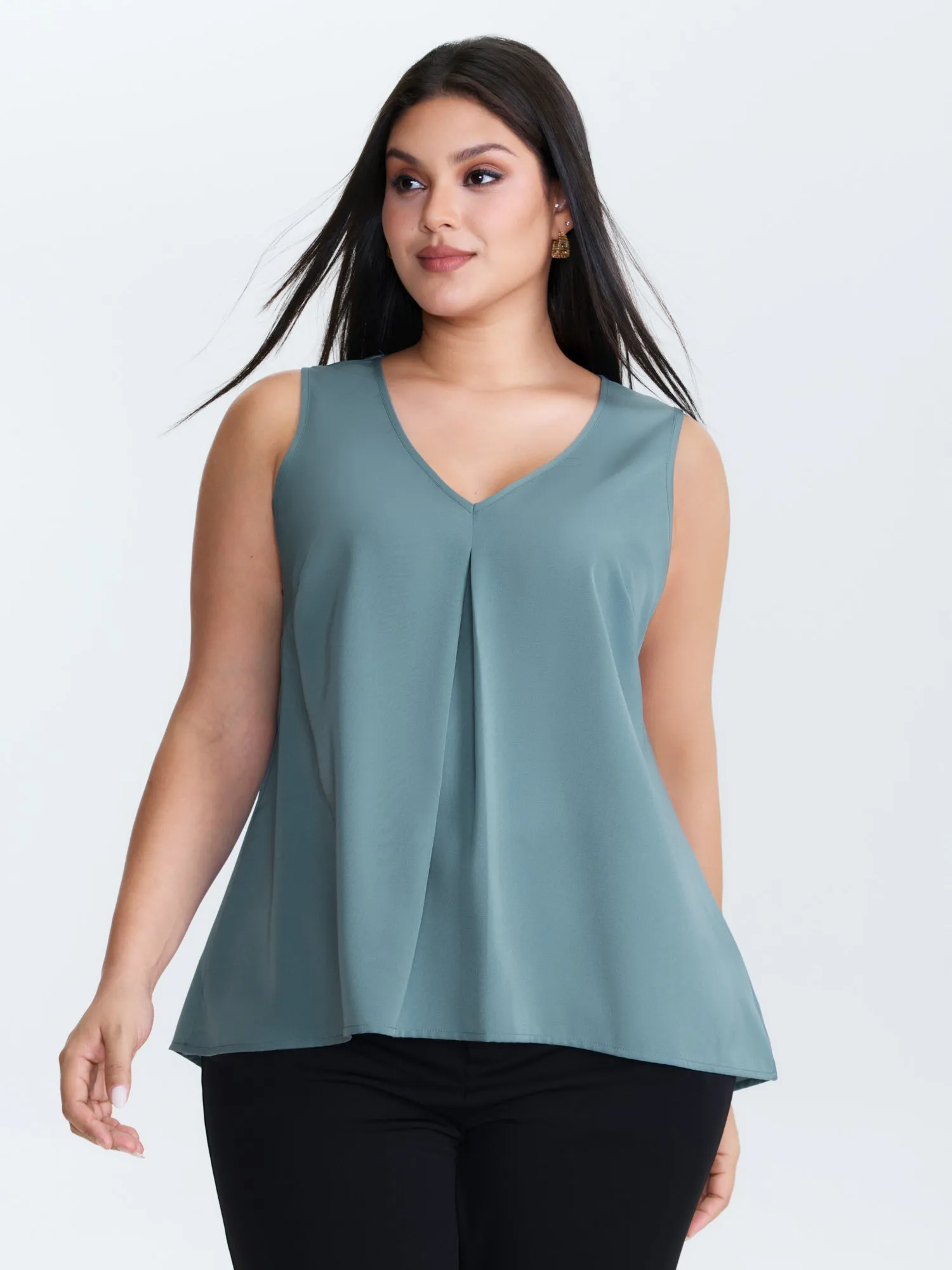 Pleated V-Neck Flowy Plain Blouse sold by Bloomchic
