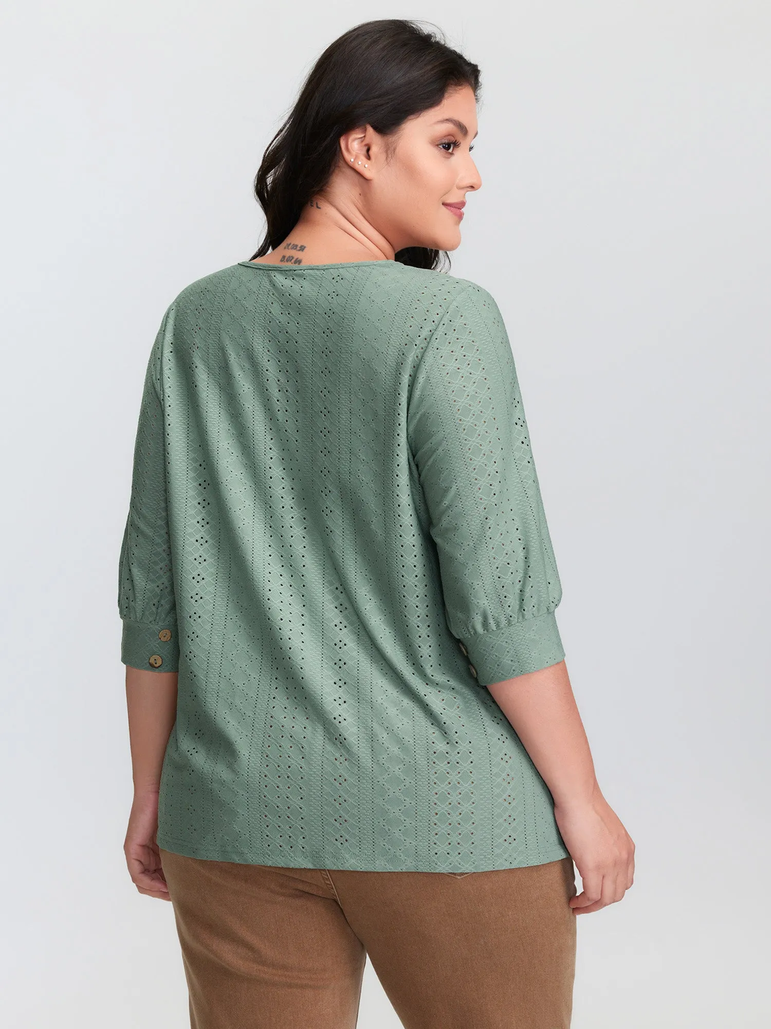 Textured V-Neck Eyelet Loose Fit T-Shirt sold by Bloomchic product image thumbnail 4