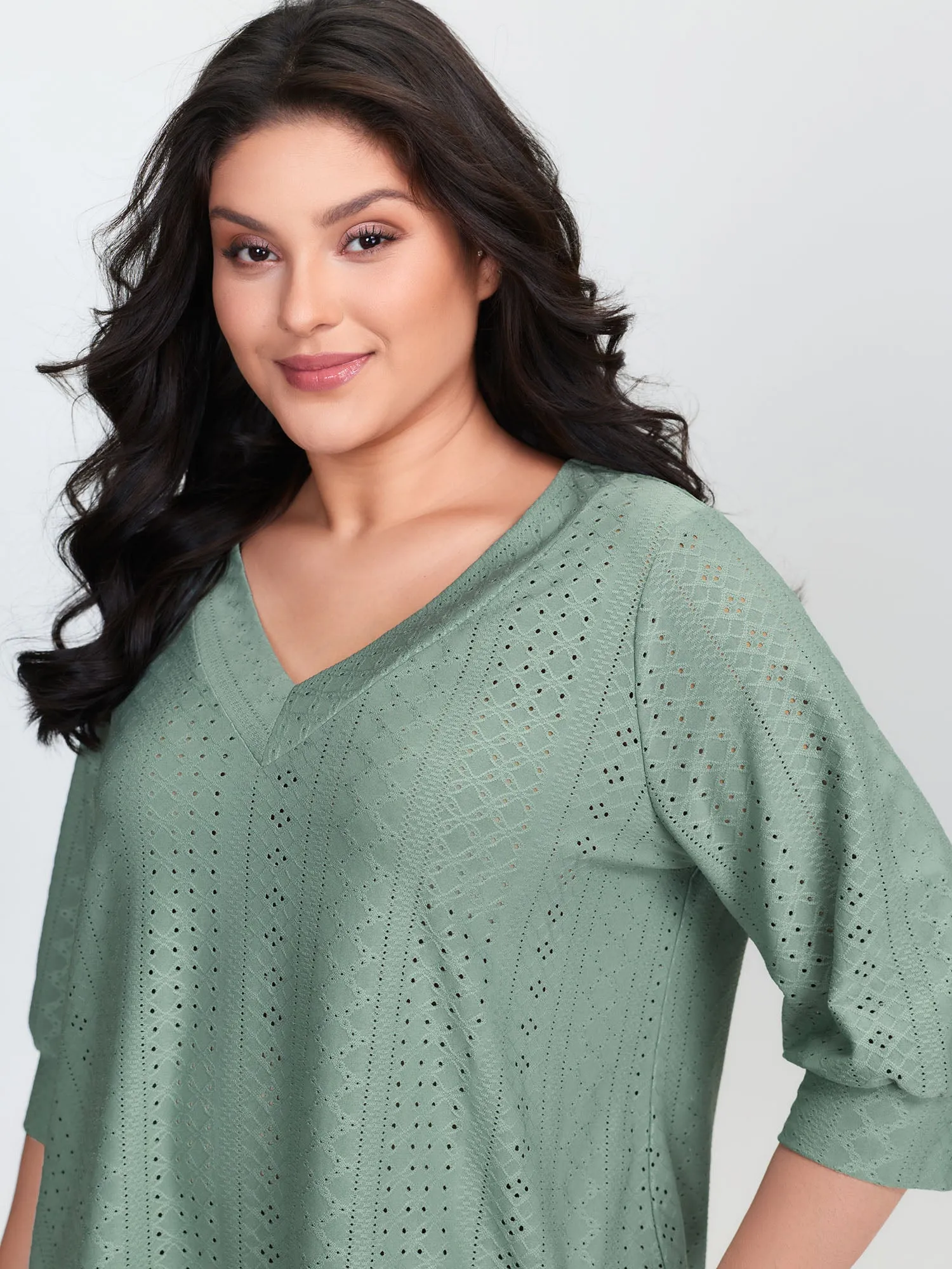 Textured V-Neck Eyelet Loose Fit T-Shirt sold by Bloomchic product image thumbnail 3