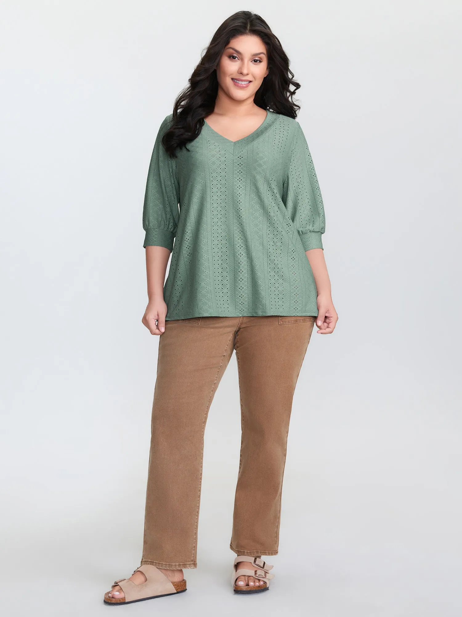 Textured V-Neck Eyelet Loose Fit T-Shirt sold by Bloomchic product image thumbnail 2