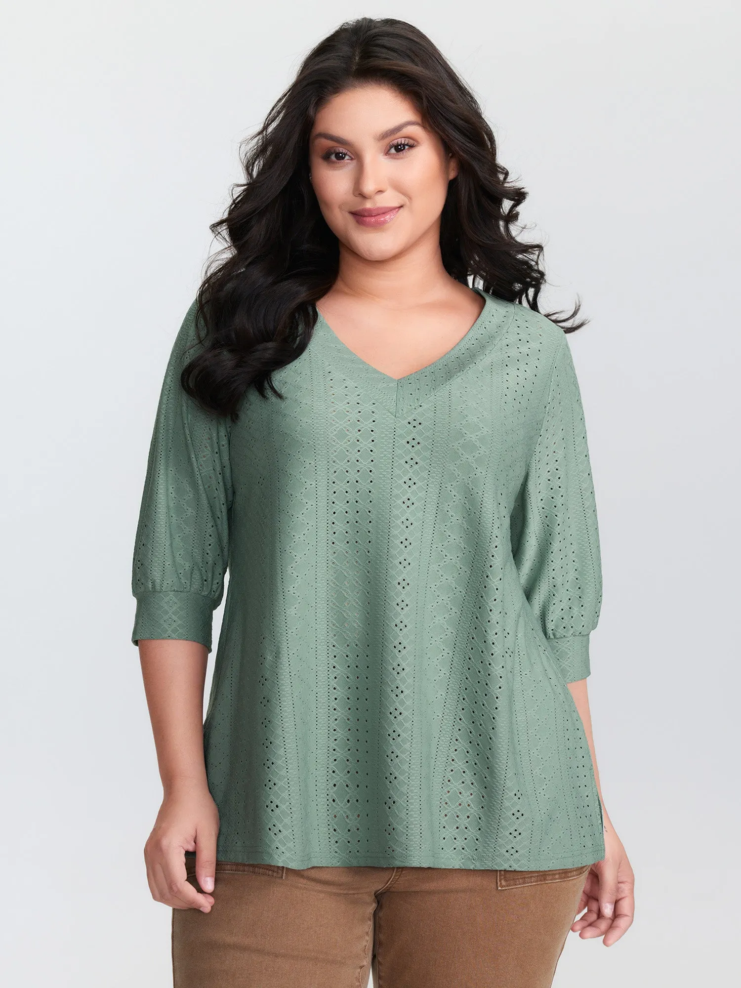 Textured V-Neck Eyelet Loose Fit T-Shirt sold by Bloomchic