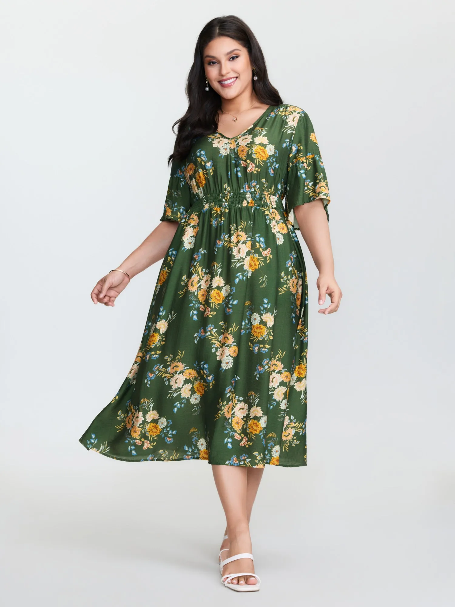 Floral Print Shirred Waist Midi Dress sold by Bloomchic