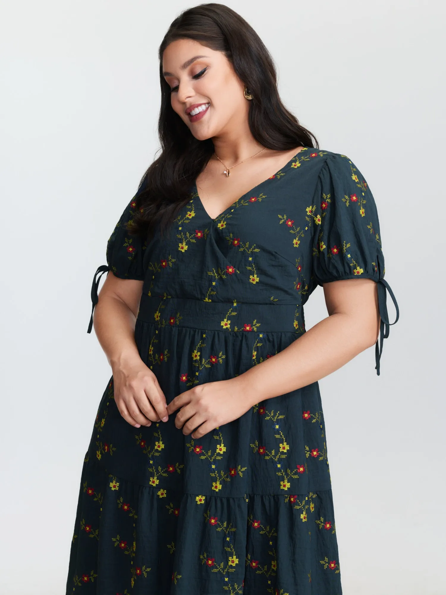 Floral Embroidered Sleeve Tie Midi Dress sold by Bloomchic product image thumbnail 2