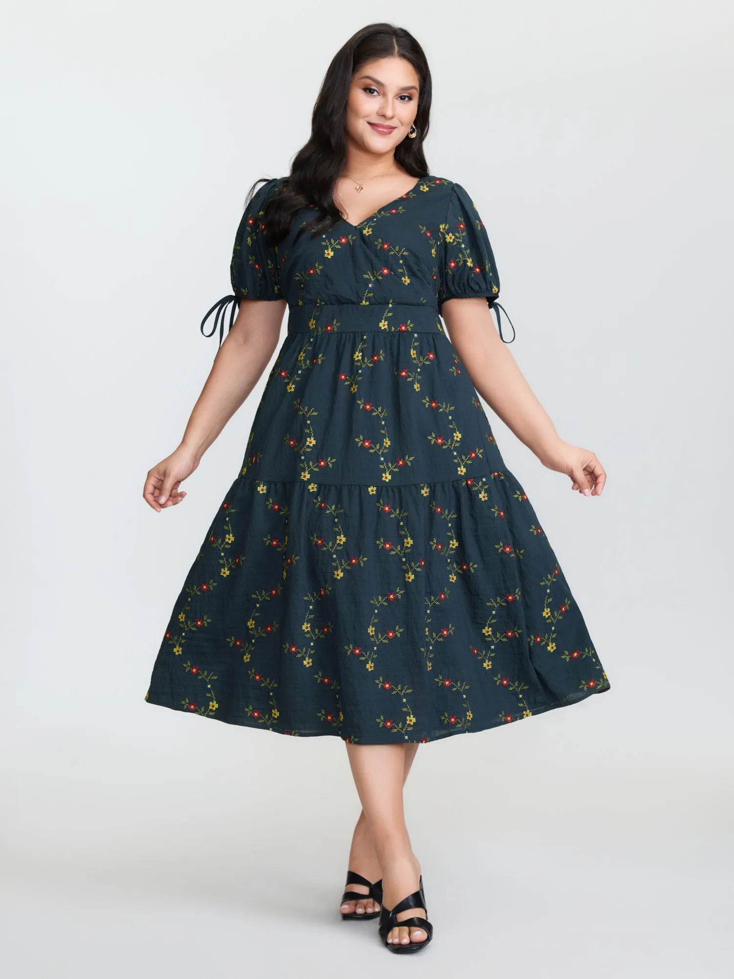 Floral Embroidered Sleeve Tie Midi Dress sold by Bloomchic product image thumbnail 3