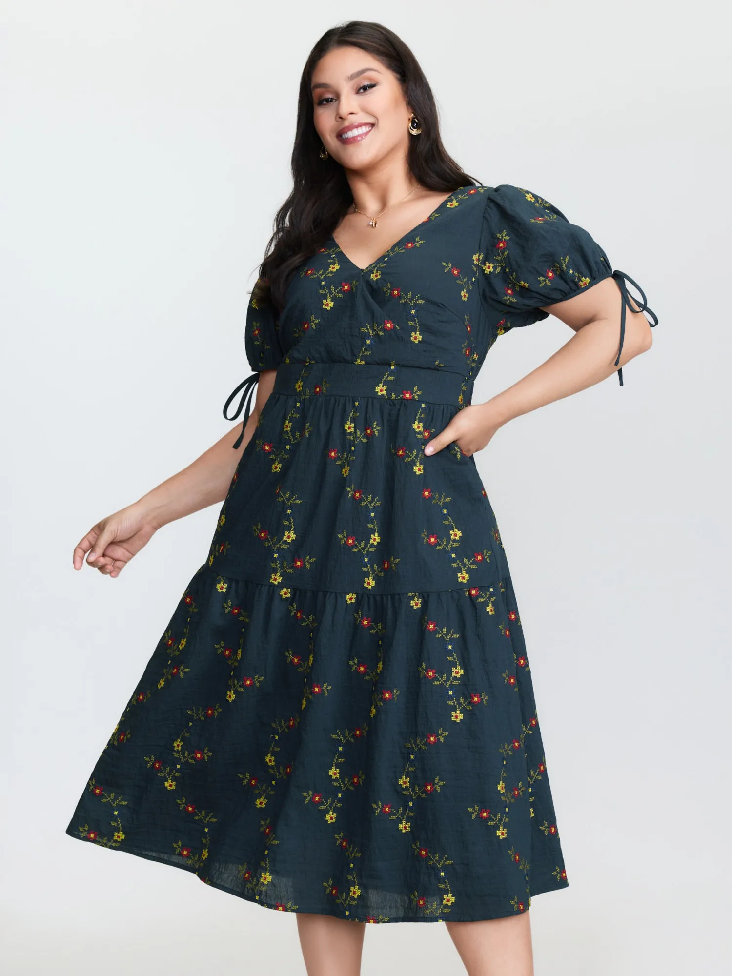 Floral Embroidered Sleeve Tie Midi Dress sold by Bloomchic