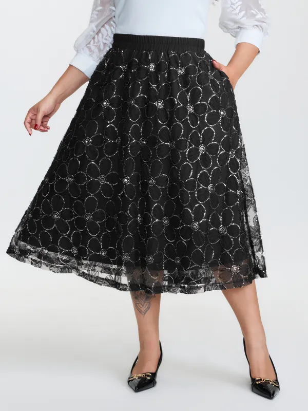 3D Floral Mesh Stretchy Waist Maxi Skirt made by Bloomchic