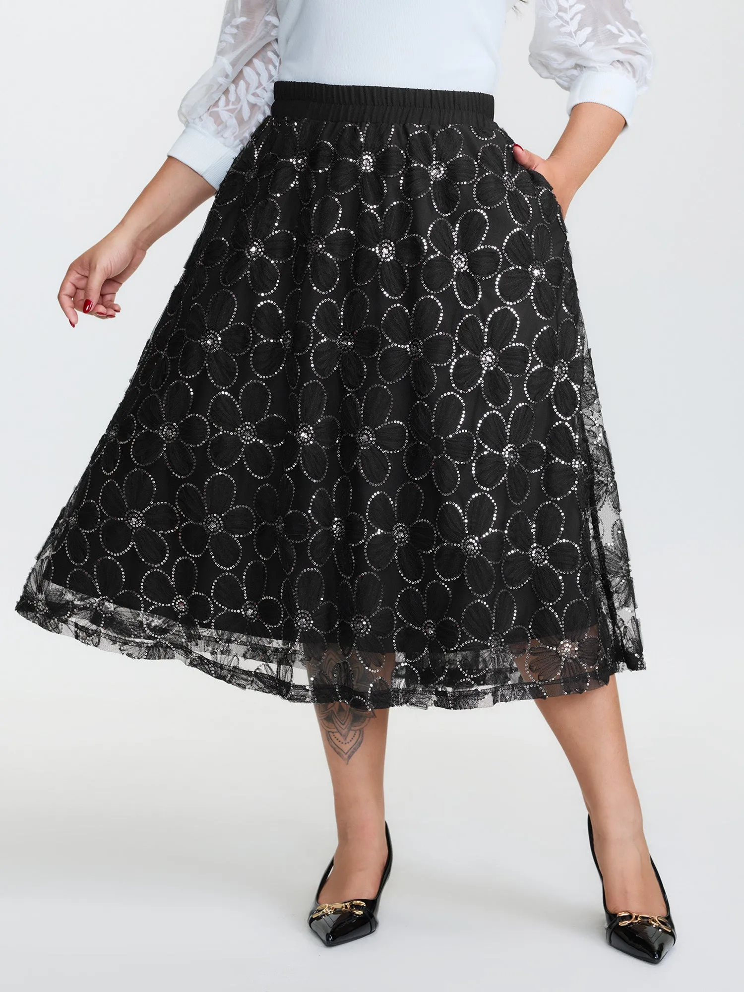 3D Floral Mesh Stretchy Waist Maxi Skirt sold by Bloomchic