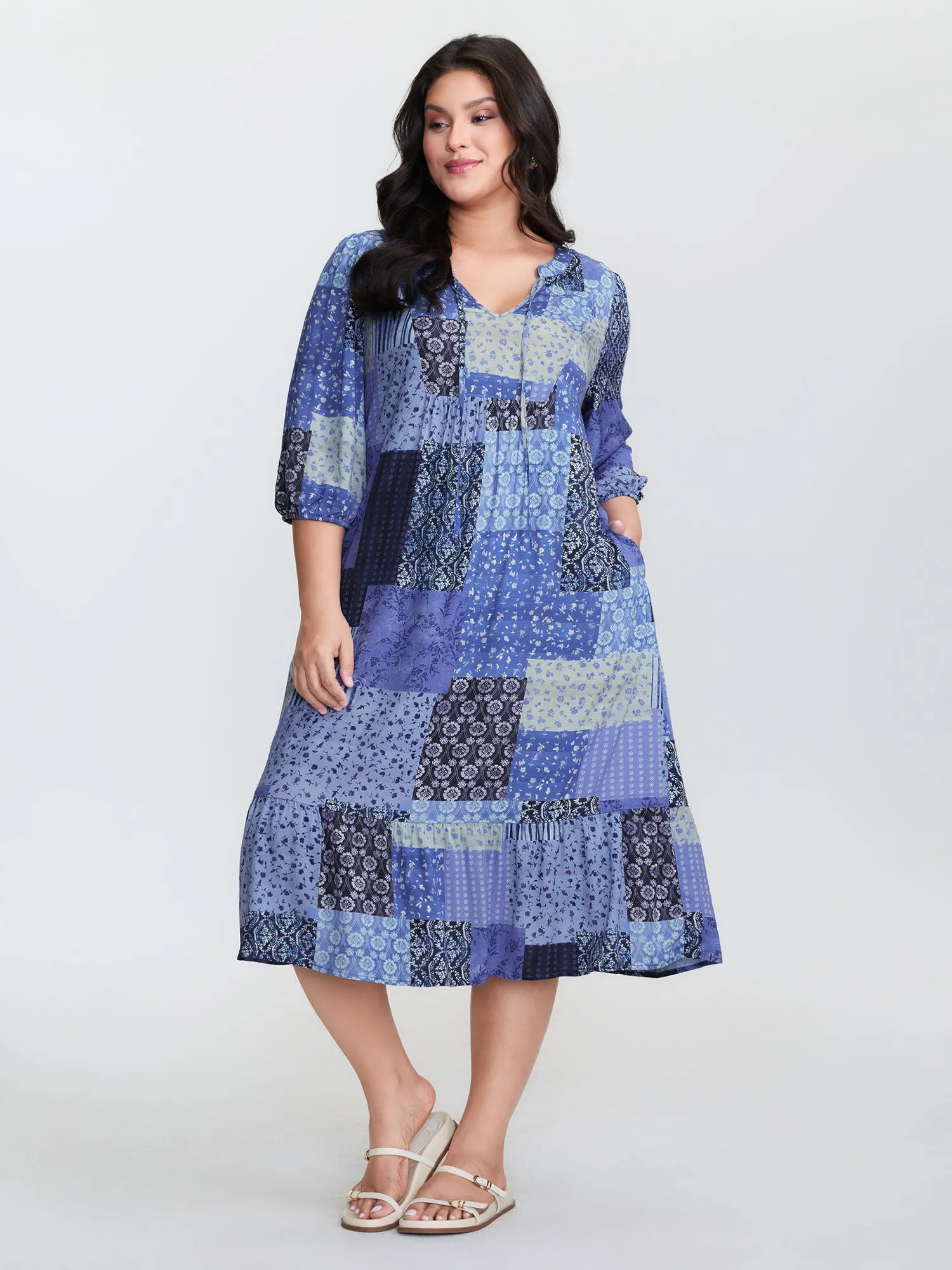 Floral Collage Pattern Drawstring Neckline Midi Dress sold by Bloomchic