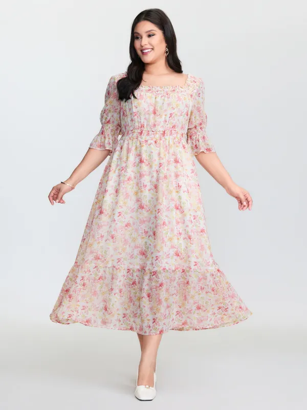 Floral Print Shirred Neckline Midi Dress sold by Bloomchic
