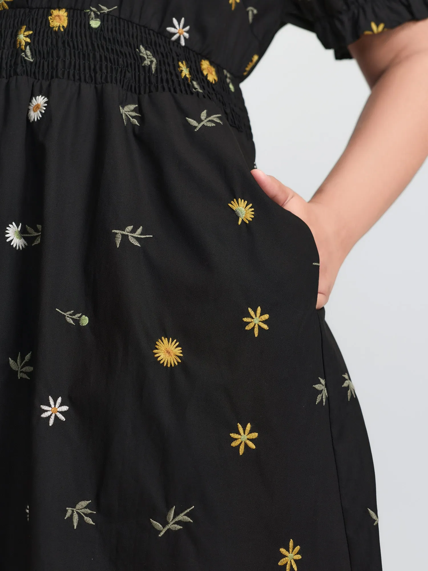 Floral Embroidered Pockets Shirred Waist Midi Dress sold by Bloomchic product image thumbnail 3