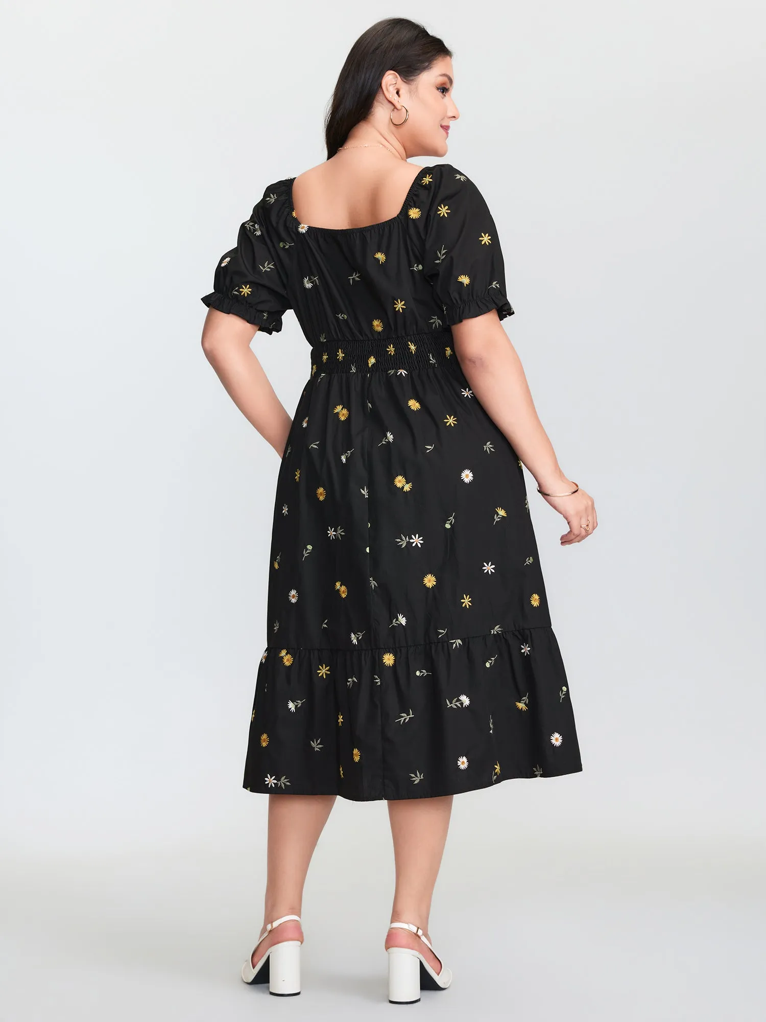 Floral Embroidered Pockets Shirred Waist Midi Dress sold by Bloomchic product image thumbnail 4