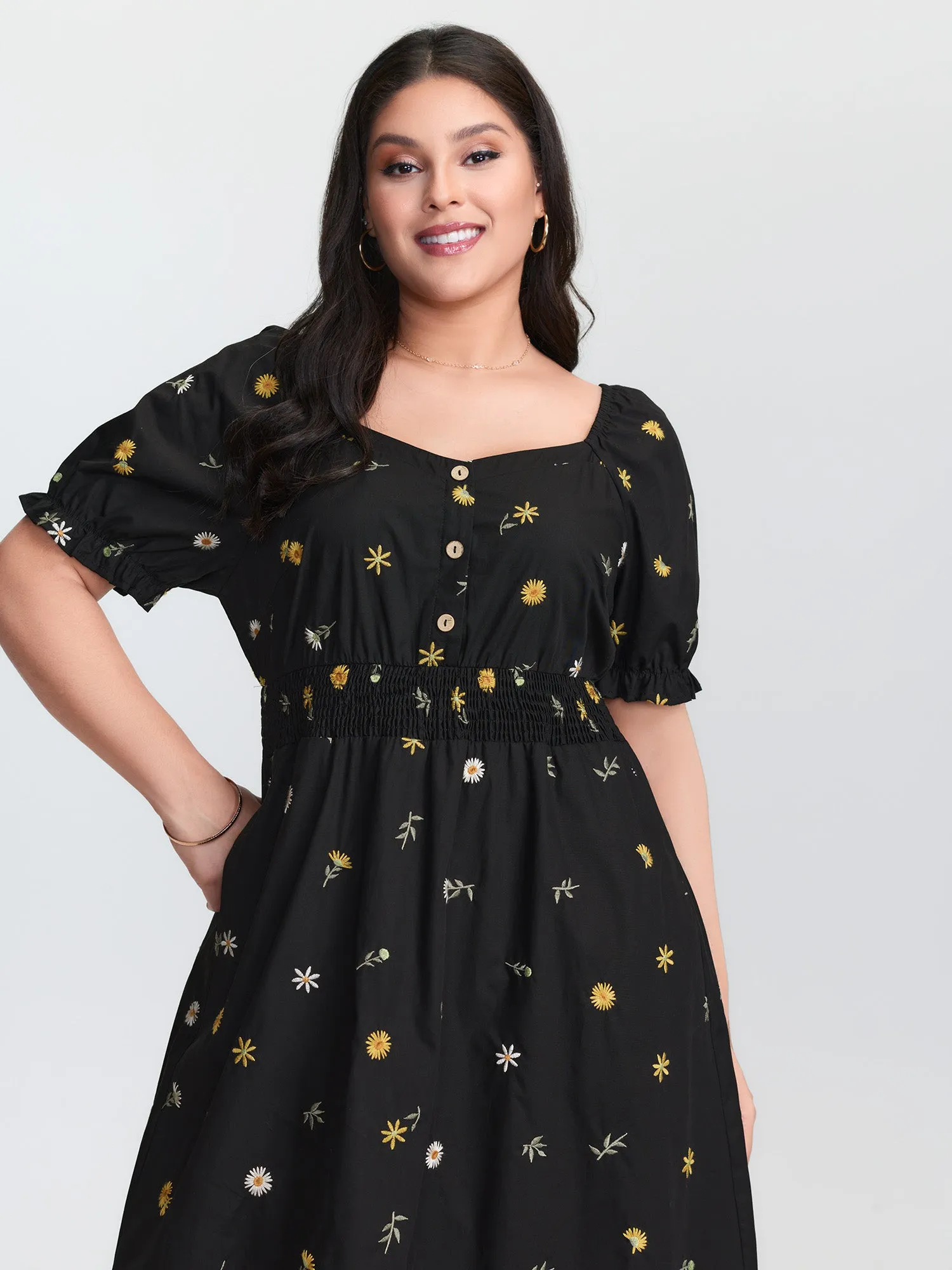 Floral Embroidered Pockets Shirred Waist Midi Dress sold by Bloomchic product image thumbnail 2