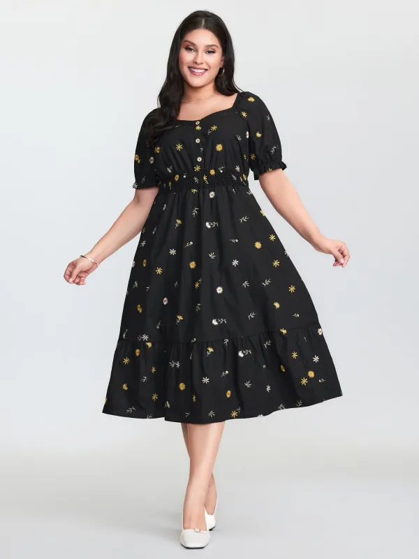 Floral Embroidered Pockets Shirred Waist Midi Dress sold by Bloomchic