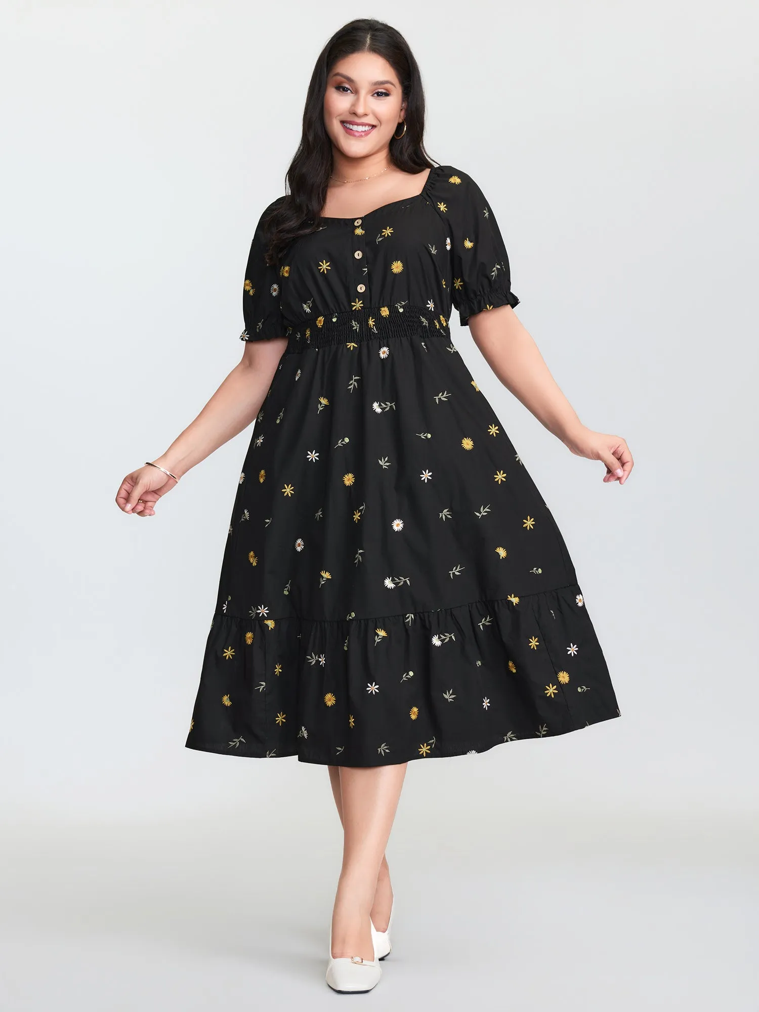 Floral Embroidered Pockets Shirred Waist Midi Dress sold by Bloomchic