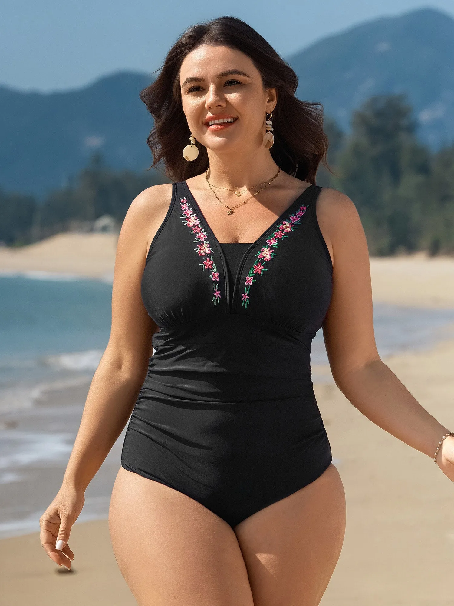 Floral Embroidered Tummy-Control One-Piece Swimsuit sold by Bloomchic