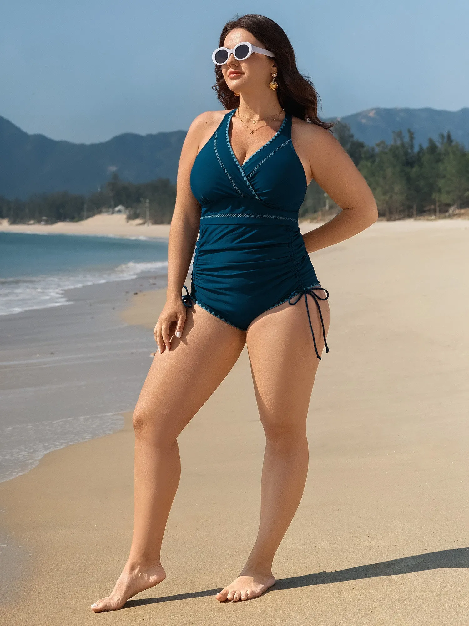 Embroidered Tummy-Control Pleated One-Piece Swimsuit sold by Bloomchic product image thumbnail 4