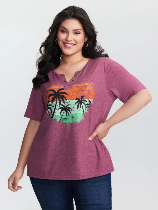 Supersoft Island Pattern Button Placket T-Shirt made by Bloomchic