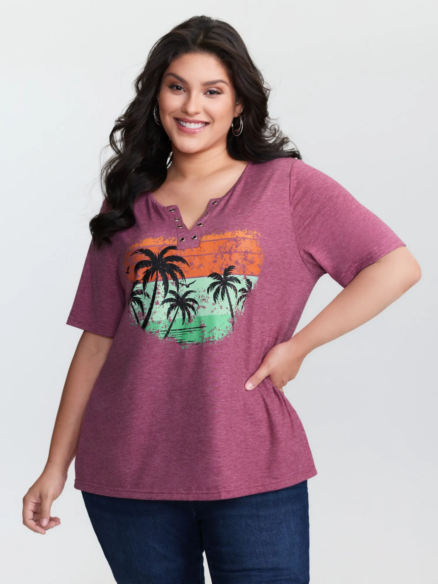 Supersoft Island Pattern Button Placket T-Shirt sold by Bloomchic