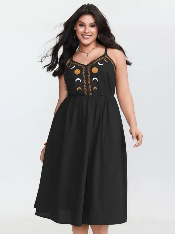 Cotton Star Moon Embroidered Shirred Midi Dress made by Bloomchic