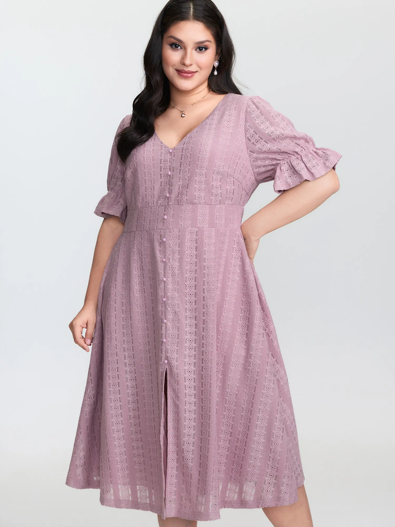 Textured Shirred Waist Cut-Out Midi Dress sold by Bloomchic