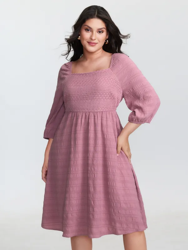 Textured Shirred Bodice Square Neckline Mini Dress made by Bloomchic