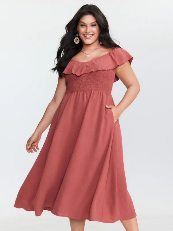 Ruffled Neckline Shirred Flowy Midi Dress made by Bloomchic