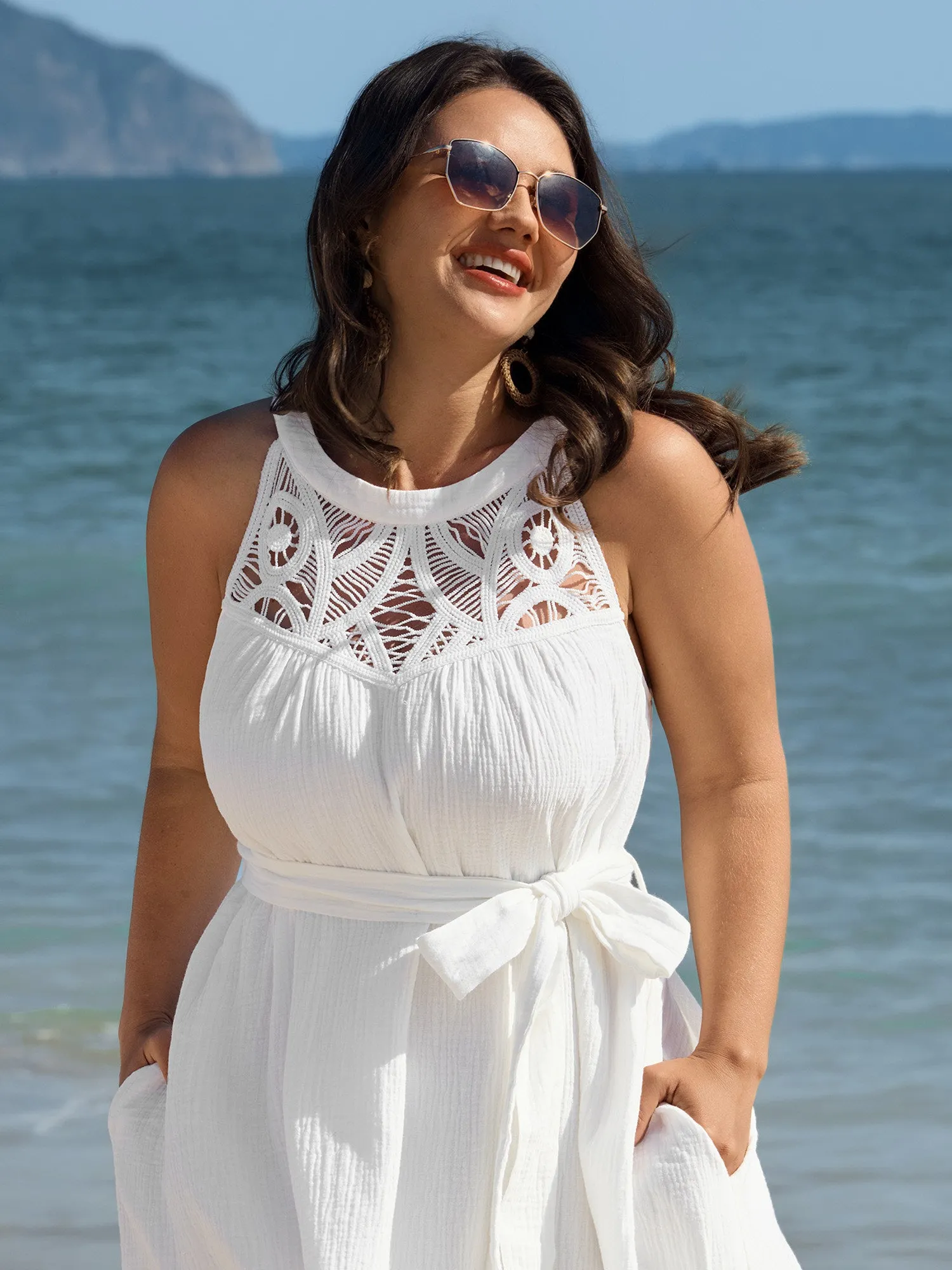 Cotton Sheer Lace Neckline Waist-Tie Maxi Dress sold by Bloomchic product image thumbnail 2