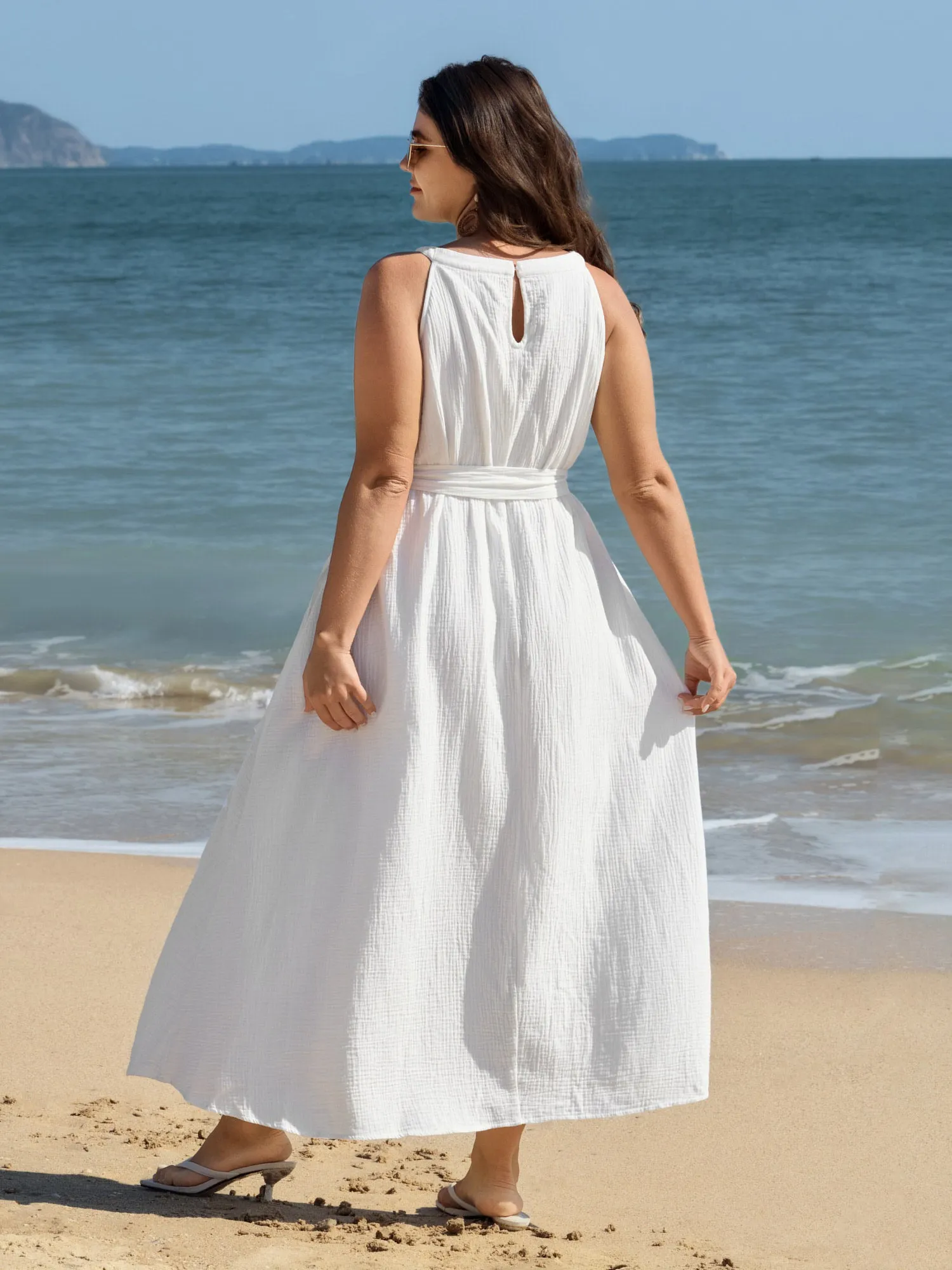 Cotton Sheer Lace Neckline Waist-Tie Maxi Dress sold by Bloomchic product image thumbnail 4