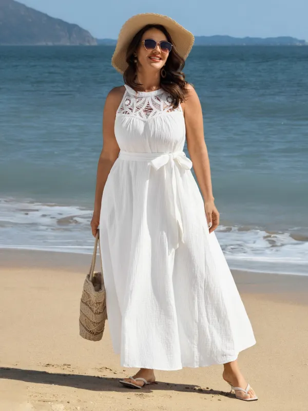 Sheer Lace Neckline Waist-Tie Midi Dress sold by Bloomchic