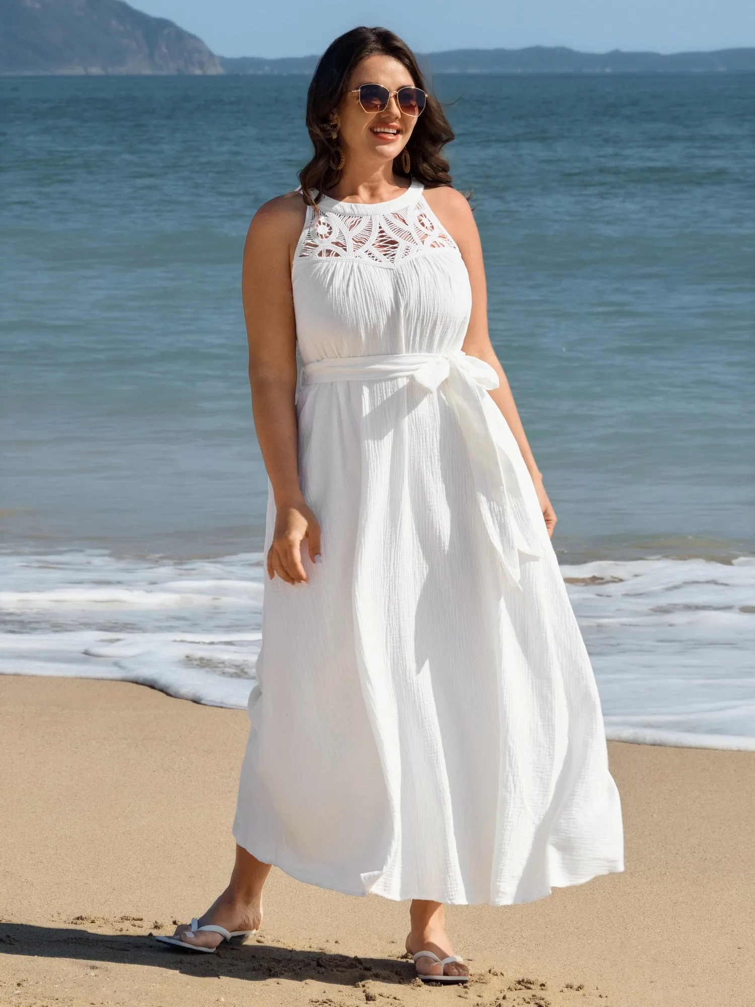 Cotton Sheer Lace Neckline Waist-Tie Maxi Dress sold by Bloomchic product image thumbnail 3