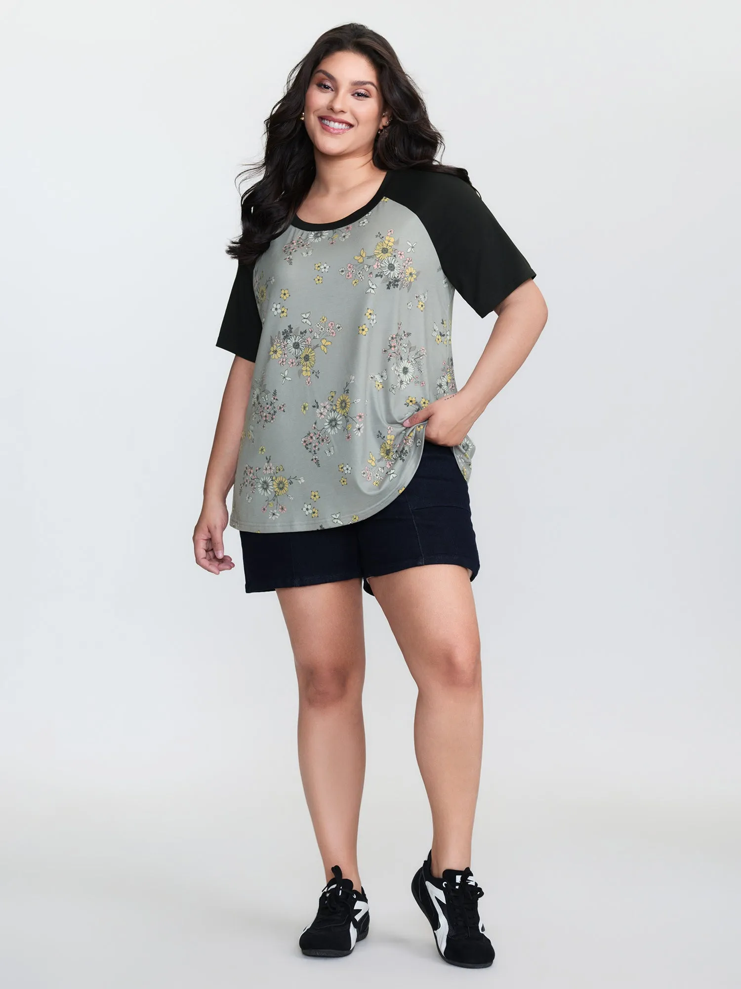 Floral Print Contrast Raglan Sleeve T-Shirt sold by Bloomchic product image thumbnail 3