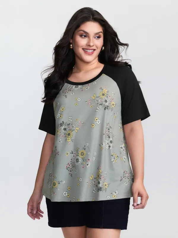 Floral Print Contrast Raglan Sleeve T-Shirt made by Bloomchic