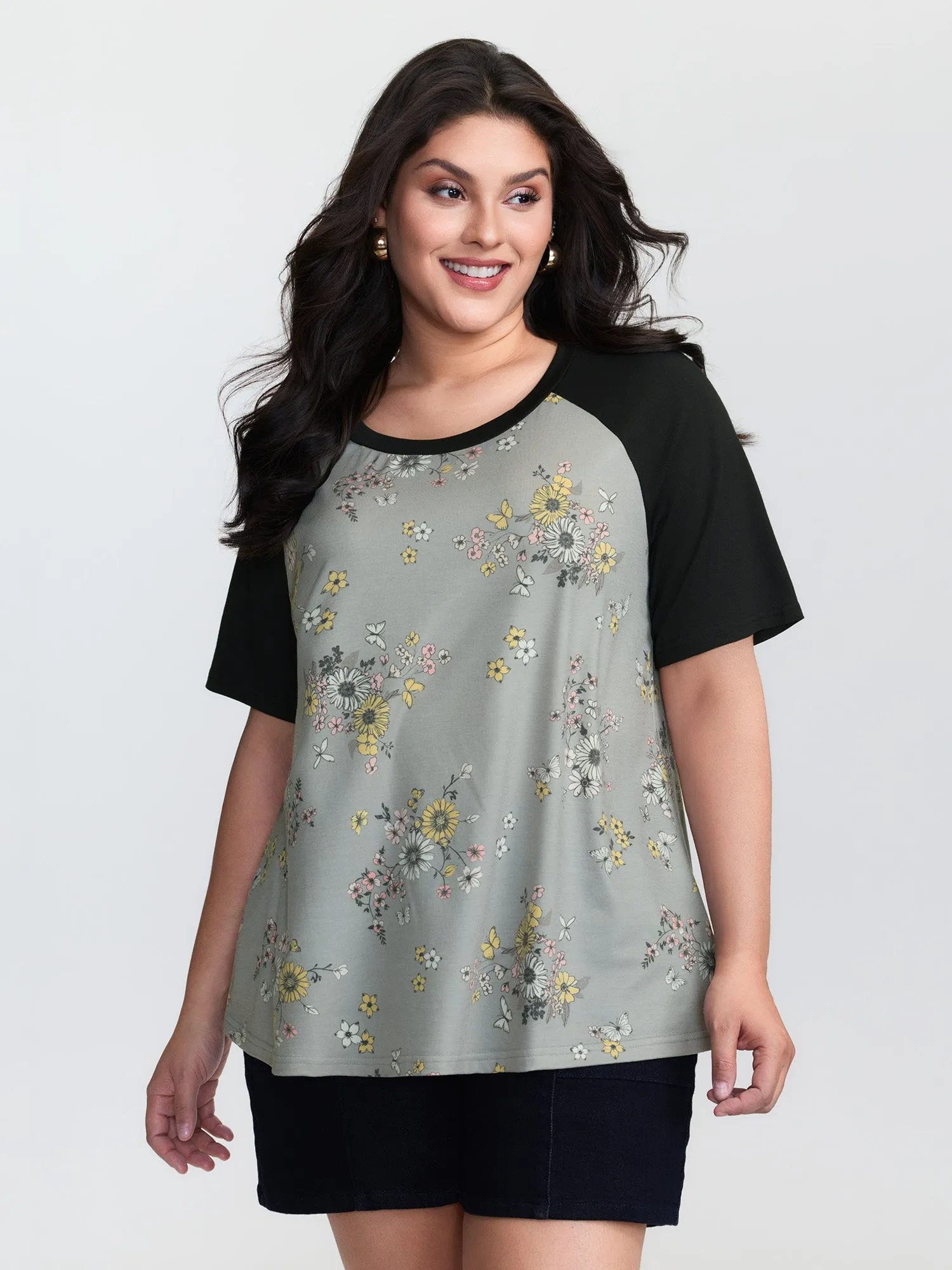 Floral Print Contrast Raglan Sleeve T-Shirt sold by Bloomchic