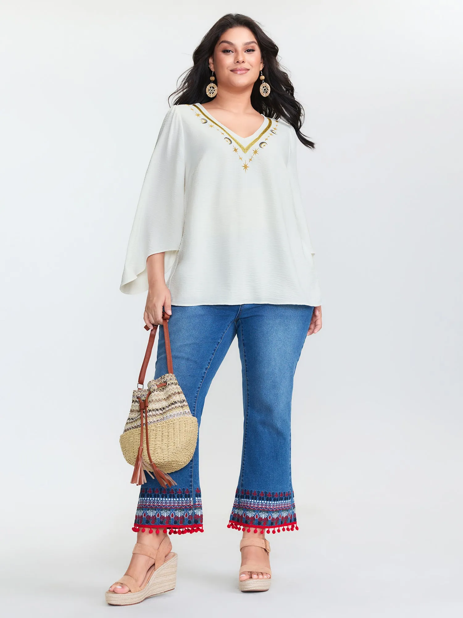 Star Moon Embroidered Neckline Flared Blouse sold by Bloomchic product image thumbnail 3