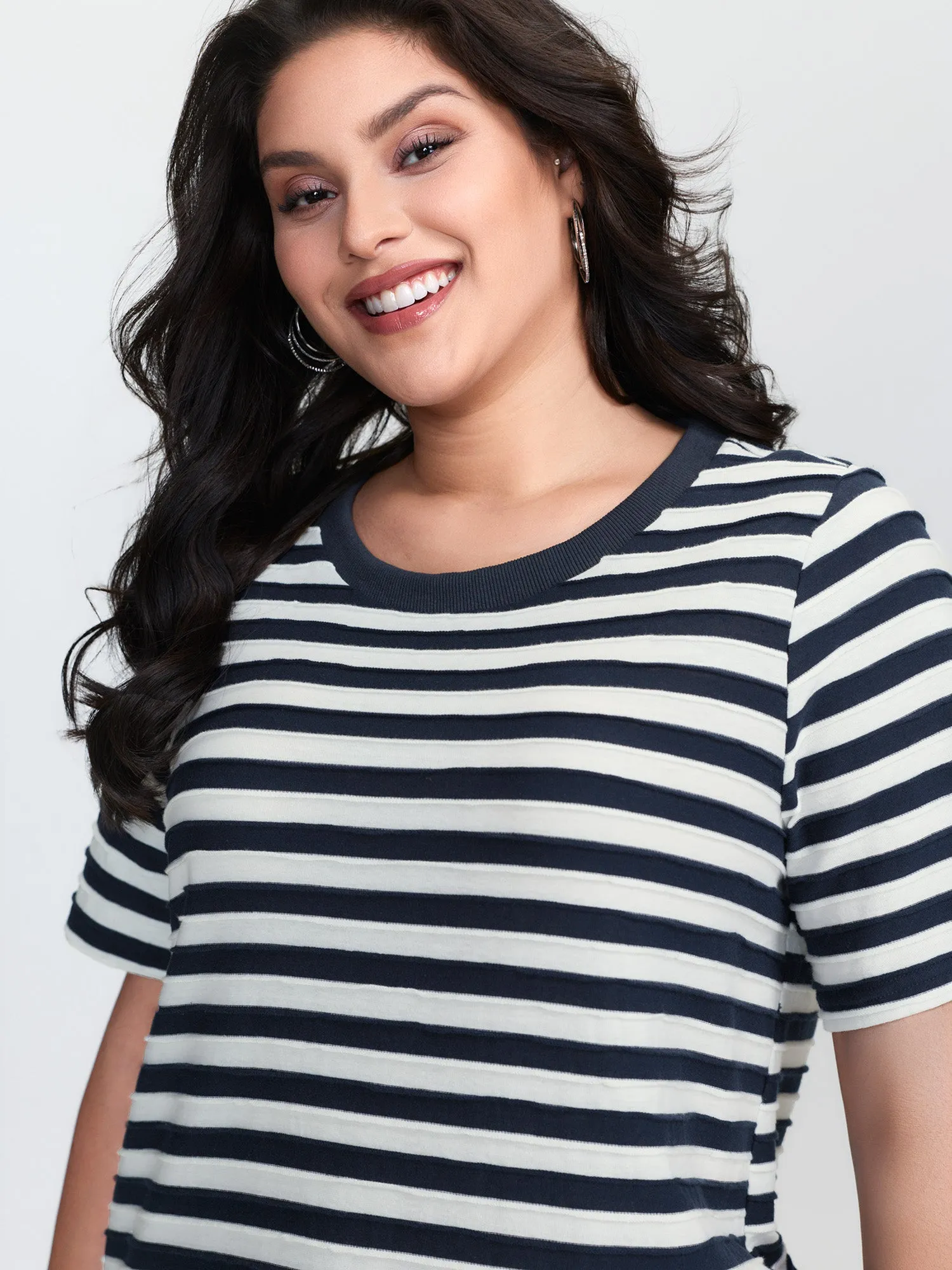 Striped Print Ribbed Round Neck T-Shirt sold by Bloomchic product image thumbnail 3