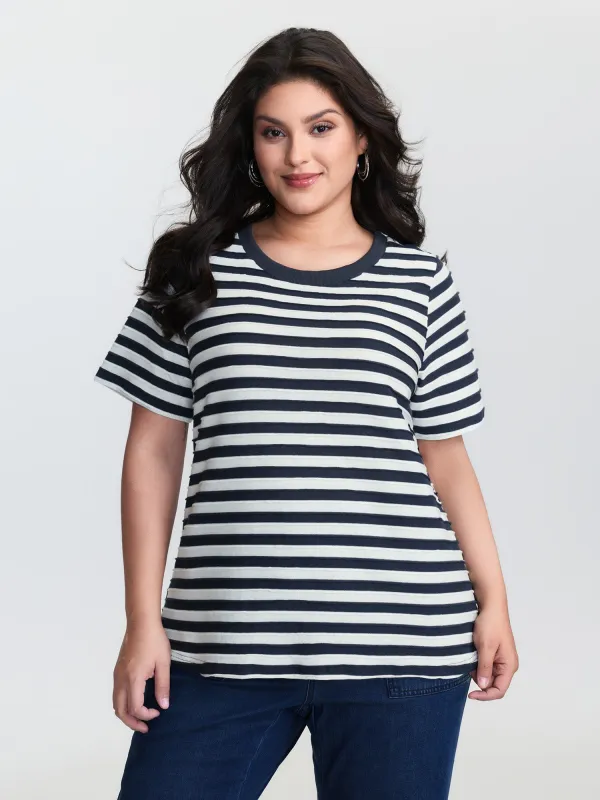 Striped Print Ribbed Round Neck T-Shirt sold by Bloomchic