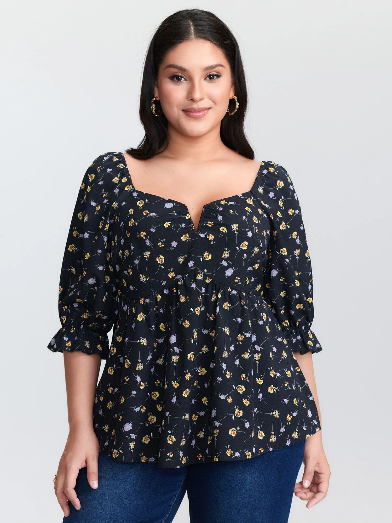 Floral Print Shirred Cuff Sleeve Blouse sold by Bloomchic