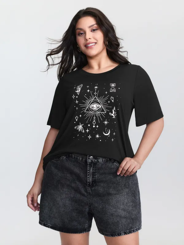 Celestial Print Round Neck T-Shirt sold by Bloomchic