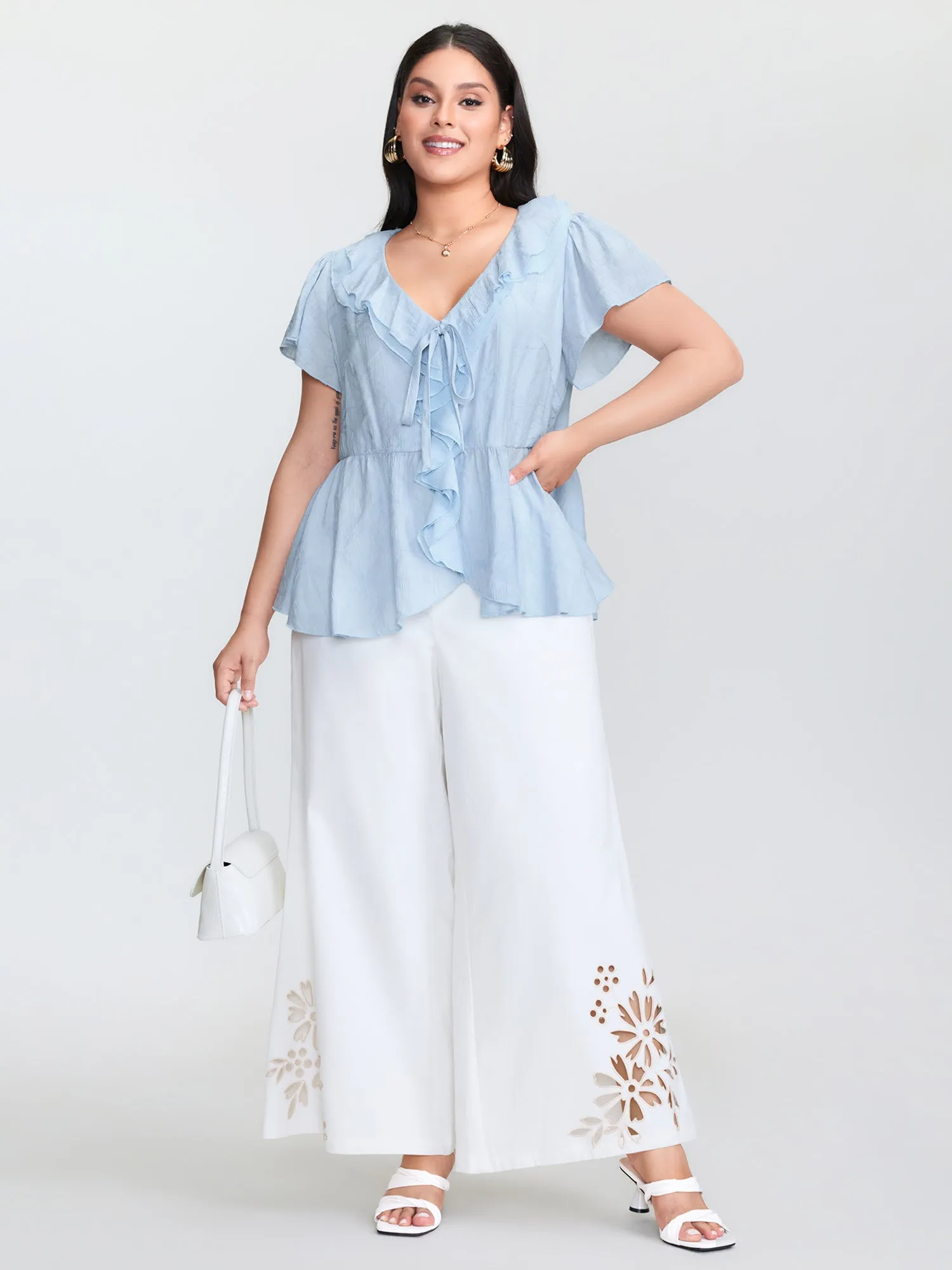 Ruffled Bow-Tie Neckline Textured Blouse sold by Bloomchic product image thumbnail 3