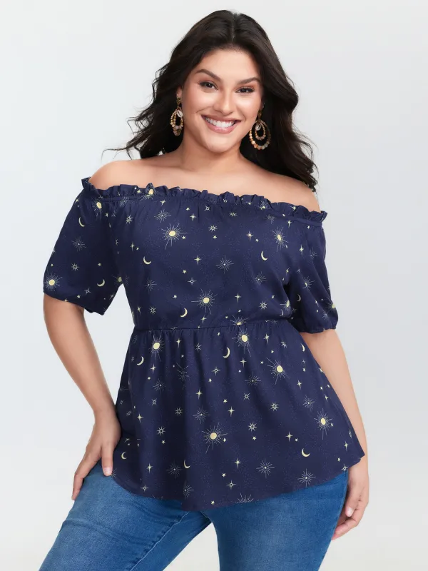 Starry Print Shirred Off-Shoulder Blouse made by Bloomchic
