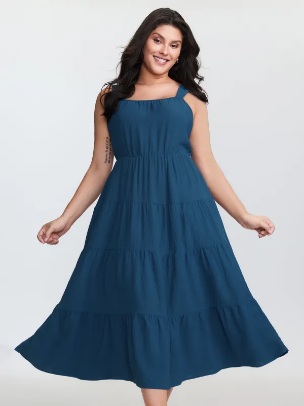 Plain Tiered Wide Strap Midi Dress sold by Bloomchic